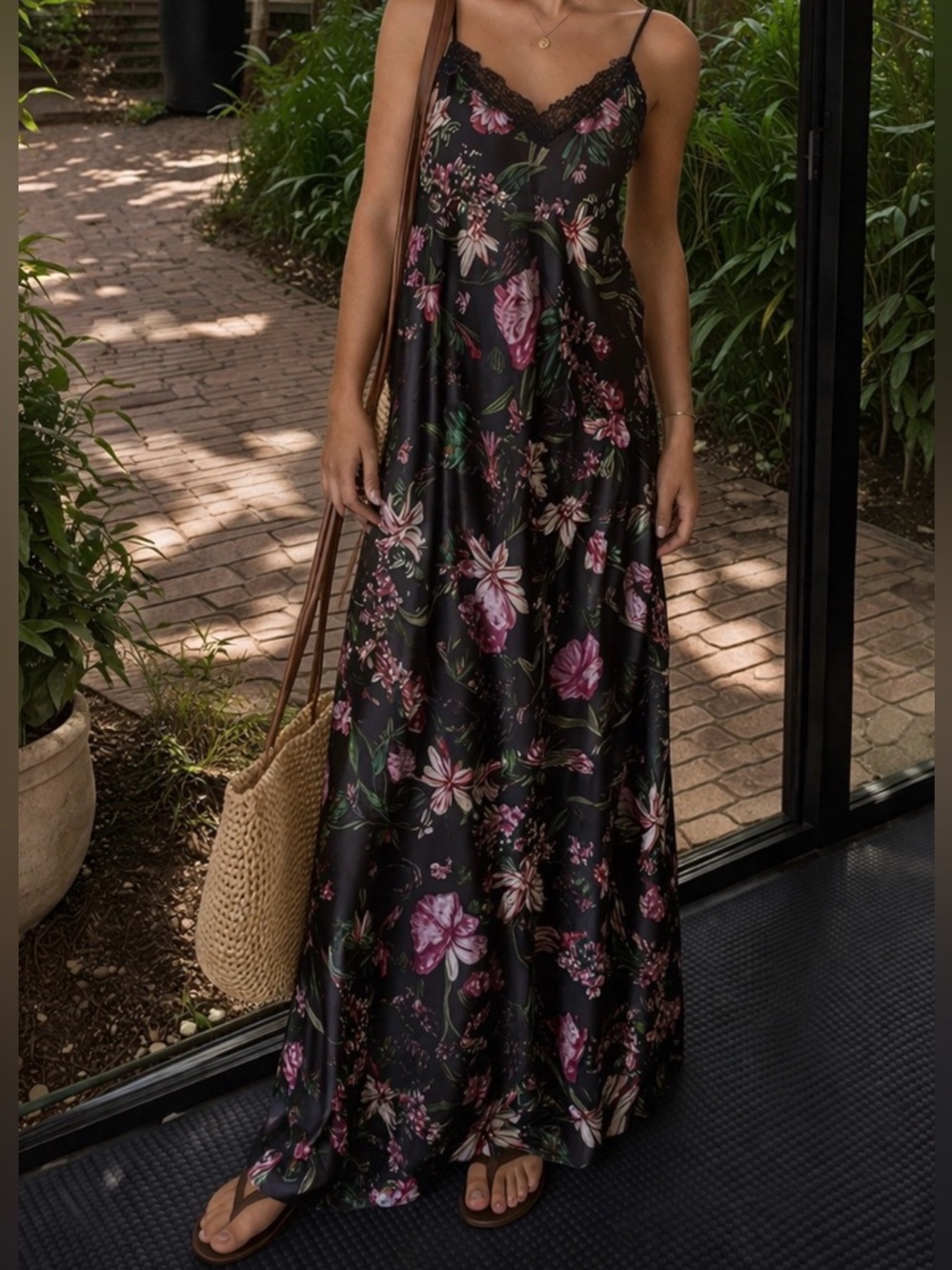 Floral Black and Pink Satin Maxi Or Sleep Slip Dress